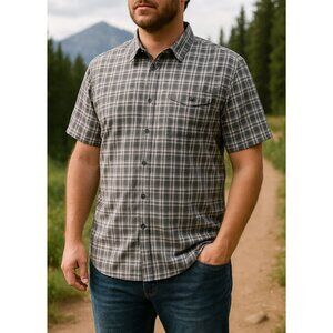 The North Face Mens Plaid Short Sleeve Button Up Hiking Shirt Gray Outdoor L